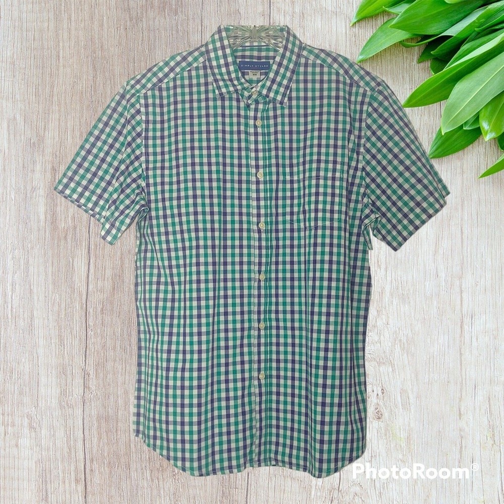 Simply Styled Short Sleeve Button Up Shirt Men's Medium Blue Green Check NEW